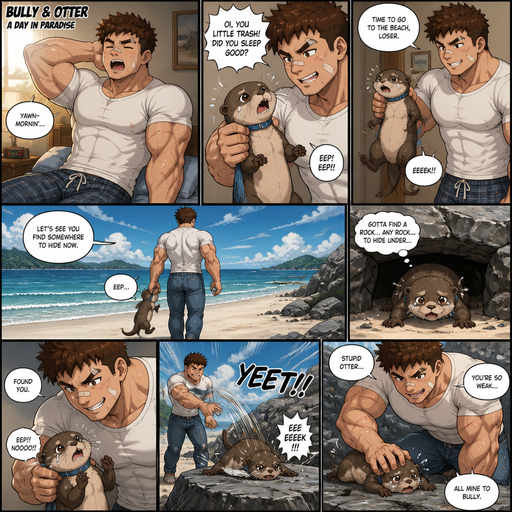 A COMIC BOOK STORY very lifelike and Detailed Full page Anime Comic book story about of a Bulky ANIME Cute Bara Man American 20 year old with a ROUND and BASIC facial structure and Young Adult BARA CUTE that is Peach Toned skin not anything else MALE not to detailed With bigger than average Pecs that are visible through the shirt and Biceps and a big Bandaid on his nose and Left Cheek and Right Eye brow with Scars all over his Chest and arms. Wearing a white shirt that is tight around the waist and Jeans drenched in sweat and Short and Brown strait Fluffy Hair and Strait with brown eyes and black eyebrows with a Three finger Slash on his Eyebrow. With no Facial Hair. Waking up in the morning in pajamas and his pet baby Unathletic otter but Excessively bully’s it by holding his collar around his neck. And then they go to the beach and the otter has the goes and try’s to find as rock to hide under and he finds the otter and throws him on that rock Excessively bully’s him more