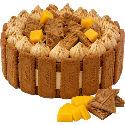 Whole 2-Layered Bischoff Cookie Cake with Bischoff Cookies Surrounding the Outside and Cookie Butter Buttercream Dollops on Top along with a few mangos and Cookies Butter Chocolate Bark