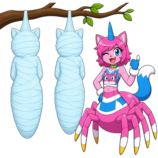 wrapped up and mummified fully covered in a #B8FFFF spider slik cocoon shaped like yellow anthro female cat girl anthro worried with arms behind back with #B8FFFF spider slik wrappings completely covered with thick layers non-transparent #B8FFFF spider slik wrappings hanged to the branch on the left side next to wrapped up and mummified fully covered in a #B8FFFF spider slik cocoon shaped like anthro yellow cat girl anthro arms behind back with #B8FFFF spider slik wrappings completely covered with thick layers non-transparent #B8FFFF spider slik wrappings hanged to the branch on the the right side next to happy anthro femboy pink cat drider with blue and white tail white wrists blue hands white ankles yellow tips on spider legs green collar blue unicorn horn wearing femboy clothing based on unikitty