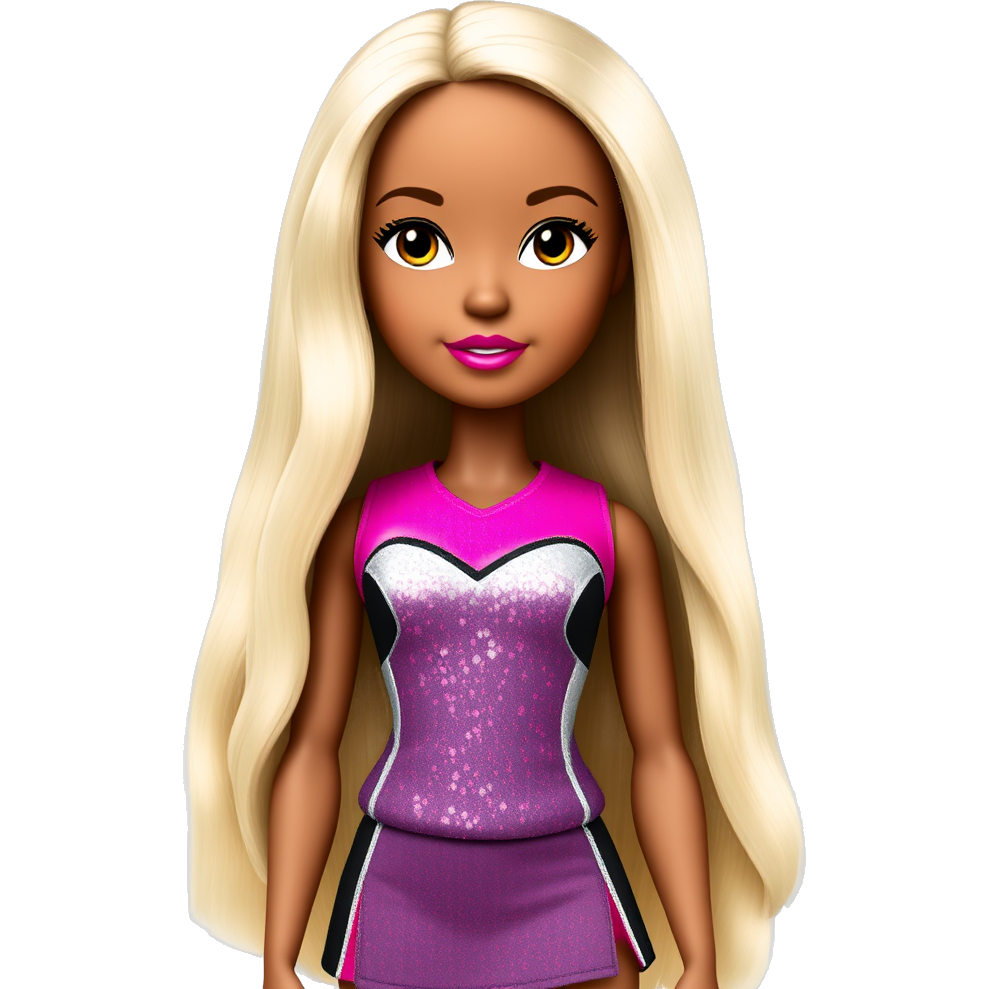 Tall light brown skinned Bratz doll with long dark blonde wavy hair. She’s wearing a hot pink, black, and silver sequined cheerleading uniform
