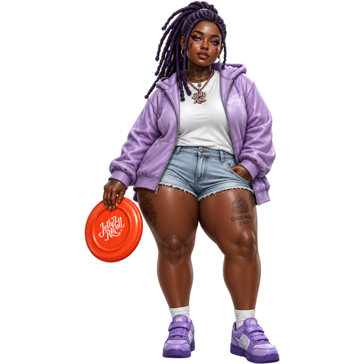 Jelly Roll With a Dark-Deep Neutral Espresso Skin Tone and a Asymmetrical Lip Shape with a Lifted Eyelash Set Up and a Retro Matte Brown Coffee Lipstick and a Rose Gold Eyeshadow and a Thin Eyebrow with a Protruding Eye Shape and a Rectangular Face Shape with Dark Purple Afro-Textured Dreadlocks and Purple Eyes Wearing a White T-Shirt and a Light Purple Long Sleeved Hoodie with Denim Light Blue Shorts Wearing Short White Socks and Purple Sneakers with the Straps and the Bottom of the Shoe being Dark Purple Holding a Orange-Red Frisbee with a Mature Adult Toned Curvy Build and a Luminous Glazed Complexion with a 3D Naturalistic Animation and a Luxury Glossy with a Refined Pristine Set Up and a Theatrical Appearance