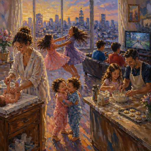 give me a mom changing her baby while the girls are spinning each other around in the air and the boys playing video games and the toddlers live to each other up and the Dad and the daughter are both baking with a city view