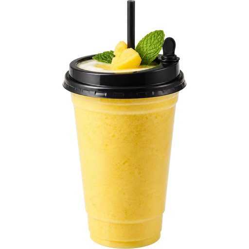 Mango Pineapple Smoothie with a 32oz PP Injection Cup and a Premium Plastic PP Black Lid with an Attached Stopper including a Straw on Top of It Infused with Yogurt Blended with Mangos, Pineapples, and Coconut Water and It has a Mint Leaf With a Pineapple Chunk on Top