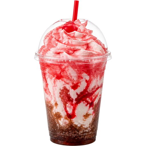 Cherry Lime Fluffy Coke Soft Shaved Ice Slushie in a Plastic Cup and Plastic Dome Lid with a Straw Mixed in with Extra Syrup Mixed in with Marshmallow Cream and Cherry Whipped Cream on Top