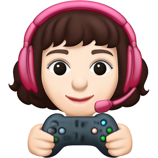 A white girl with short dark brown wavy hair with bangs wearing pink gaming headphone and holding game controller
