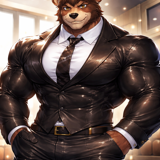 A Full BODY and FACE of a Muscular and Buff and a Gigantically Muscular with Chunky Gigantic Pecs AND biceps and a BIGGER head with the Perfect Waist. VERY Masculine and handsome ANIME Animated Bara Furry Grizzly Bear with a VERY Good-looking, Detailed and Mature Face and brown eyes with a wrestler type body. Wearing a Leather Suit and Tie. With a Dreamy faces