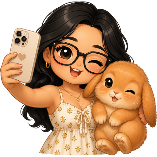 light tan woman with black hair and glasses wearing a summer dress taking a selfie with a ginger lop bunny