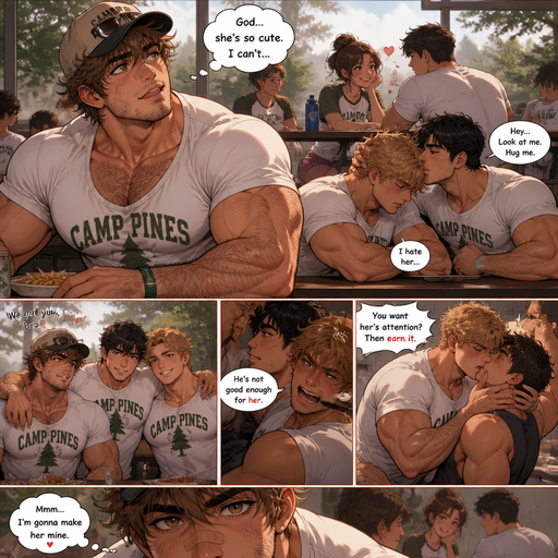 a white Cute and Extremely hot and huge and Masculine round facial Structure and Basic facial structure With Puffy and Big Pecs that are visible through the shirt and Biceps and Bandaid on his nose and Brown Spiky hair and His Hair Curls At the tip of strands. Wearing a camp T-shirt but no gear and short shorts with A Hat with glasses and has a Hairy body and looks very manly and Attractive and Hot. He‘s At a Lunch table with his friends. And looking at her looking cute and irresistible while he looks up and he licks his teeth and at his camp crush while at a different table with his friend and his best friend and him they look cute and Hot amazing but look the same but different hair color and the friend doesn‘t have facial hair. But he’s sad amd the friend pressed his forhead against his and encourages him and kisses his forhead. And tells his friend tells his to look at him hugs him. and his friend only is mad at the girl. And he Gets made at the guy she was flirting with and he kisses him and aggressively flirt and Hug tight