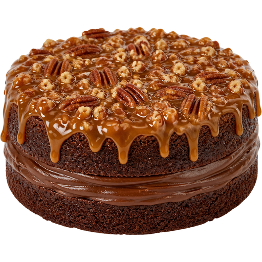 Whole Brownie Cake Layered with Chocolate Buttercream in the Middle and Caramel with Pecans and on Top