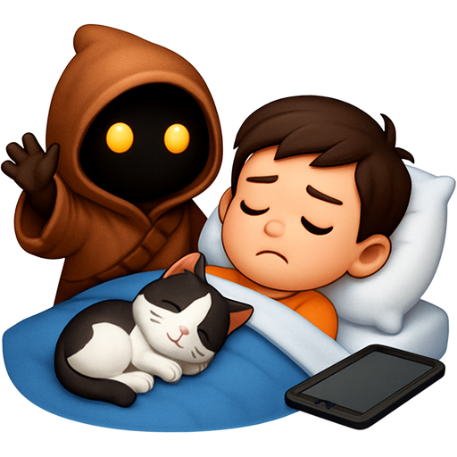 Cute Jawa waking the (the boy has a white and black cat sleeping on him. There is an iPad in the bed next to the boy) up for school