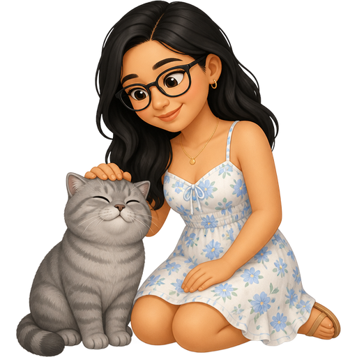 light tan woman with black hair and glasses wearing a summer dress petting a grey tabby British Shorthair cat