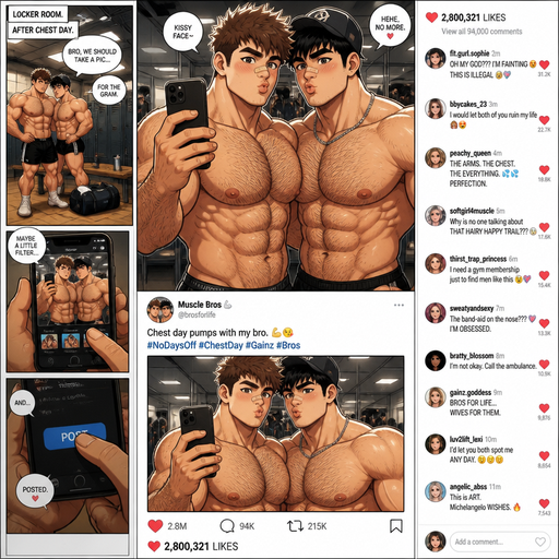 A REALISTIC AND LIFELIKE Comic Book long Story of a Bulky but Muscular ANIME Cute Bara Man With Peach toned skin Who looks Normal and a huge and Masculine round facial Structure and Basic facial structure With Puffy and Big Pecs that are visible through the shirt and Biceps and Bandaid on his nose and Brown Spiky hair and His Hair Curls At the tip of strands. Wearing a t-shirt thats tight around his waist AND short shorts with a Baseball Hat with and has a Hairy body. And has huge Hands and Massive arms and looks HOT with his friend (that looks like him but Black instead of brown hair and Has A Chain on and Baseball hate and is also Peachy skin). making kissy faces at the Camera while shirtless in a gym locker room and post it and Get millions hearts with girls saying how hot they are