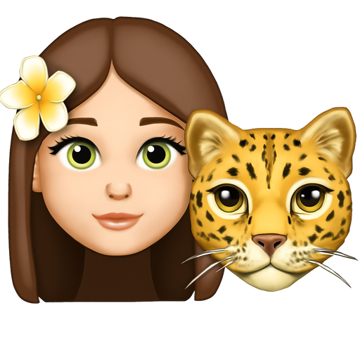 A Girl with straight brown Long hair and green eyes and beautiful lashes and a hawaii flower in her hair and she is with a cat that looks like a leopard