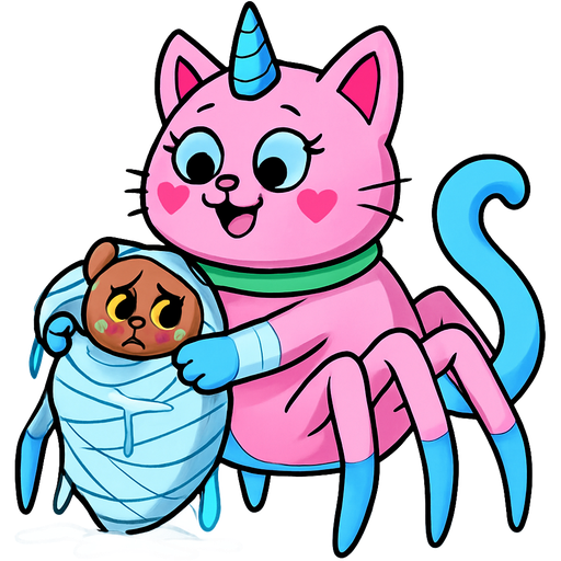 giant pink cat spider hybrid with blue unicorn horn green collar blue eyes with eyelashes heart shaped cheeks white wrists blue hands white ankles yellow feet blue tail and with white stripe happy hugging #B8FFFF cocoon slikworm cocooned pod brown mouse worried and teary eyes completely covered with #B8FFFF huge coating of #B8FFFF spider slik and huge #B8FFFF spider slik wrappings and huge #B8FFFF spider slik webbing wrappings cocoon #B8FFFF