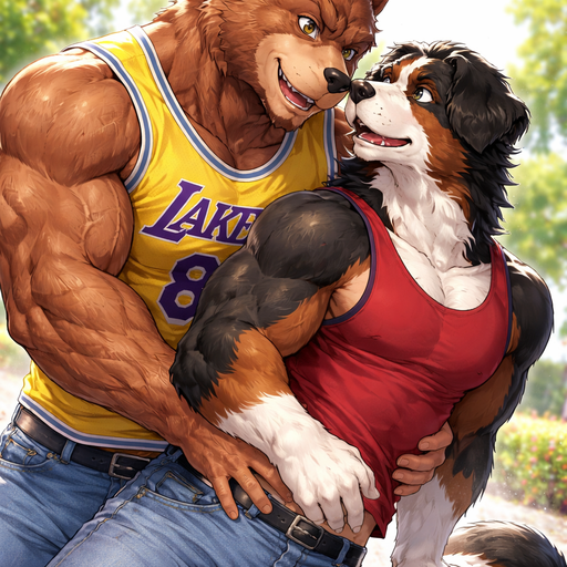 A Full BODY and FACE of a Buff and Pecs and Biceps that Pop out of his Shirt and a Bara Furry Grizzly Bear with brown eyes with a wrestler type body. Wearing a Lakers Jersey that is short around the waist and Jeans. Talking to his Boyfriend that is a Bara anime Bernese Mountain Dog. Leaning over his Boyfriend. On a him grabbing around the Waist