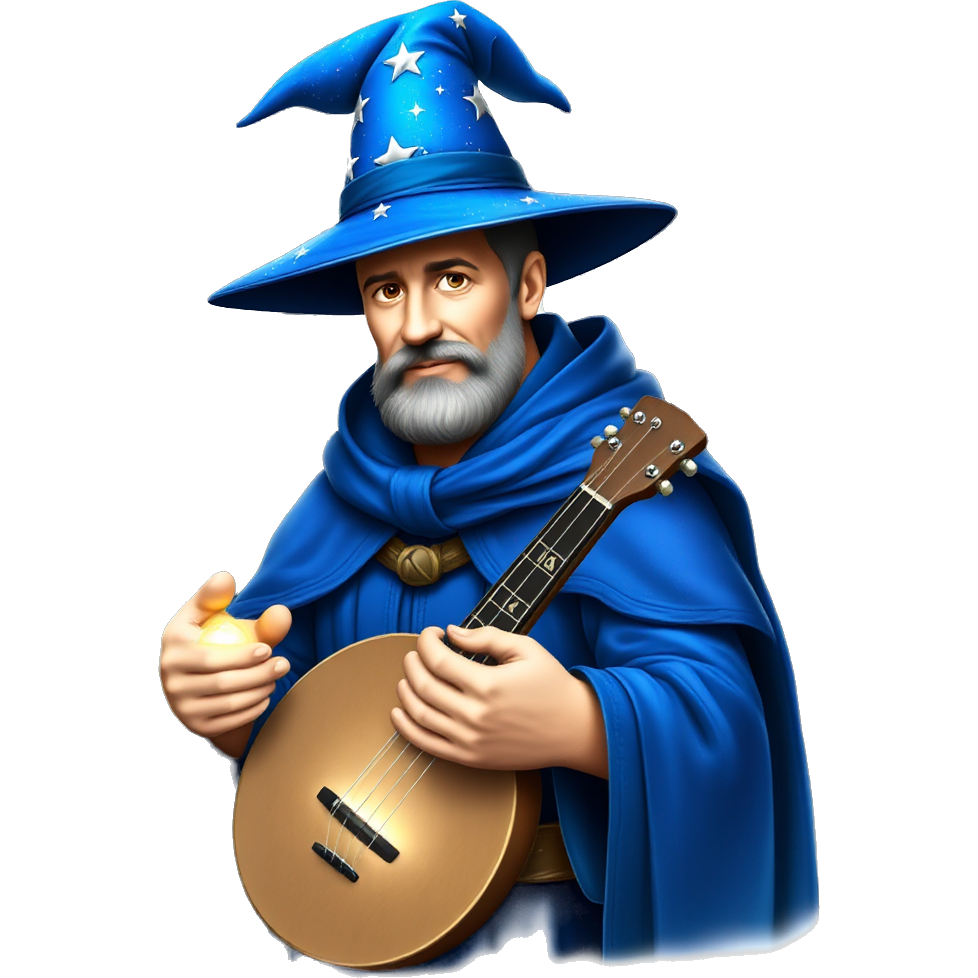 "Chris Sturniolo, the enchanted bard, wears a shimmering cerulean wizard's hat adorned with silver stars. Dressed in a flowing cloak of deep azure, embroidered with ancient runes, he carries a glimmering lute that glows with magical energy, ready to weave spells through music in a mystical forest."