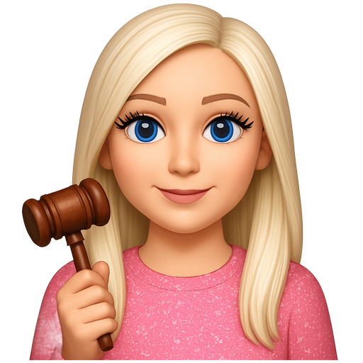 Pink Alpha Omicron Pi sorority chapter President with long whitish blonde hair , blue eyes and long eyelashes , and a pink sparkly shirt and holding a brown gavel in her hand