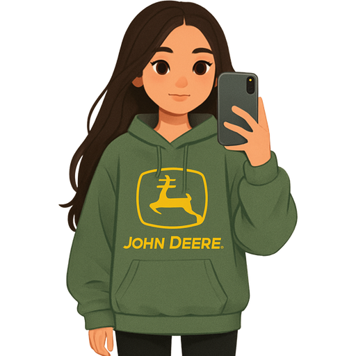 A full emoji of a girl with dark brown hair that reaches to her waist wearing a very oversized John Dear hoodie and black leggings and taking a mirror selfie