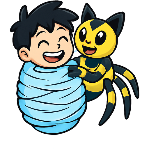 a happy giant head yellow and black cat spider hugging #B8FFFF slikworm cocooned pod black haired boy happy covered with #B8FFFF huge coating of #B8FFFF slik and huge #B8FFFF slik wrappings and huge #B8FFFF webbing wrappings #B8FFFF