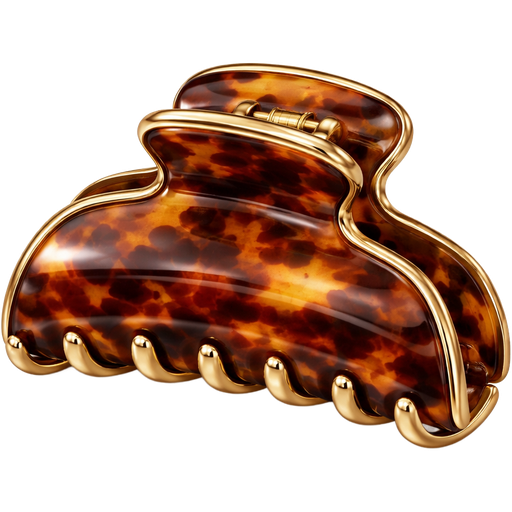 A realistic, high-quality illustration of a tortoiseshell claw clip with rich amber, caramel, and deep brown marbled tones. The clip features elegant gold accents along the edges and hinge, adding a subtle luxe finish. The material appears glossy and slightly translucent, with light reflecting softly off the curved surface. The teeth of the clip are smooth and evenly spaced, with fine realistic detailing. Style is clean, modern, and feminine with a soft glam aesthetic. Lighting is gentle and diffused to highlight the shine and depth of the tortoiseshell pattern and gold details