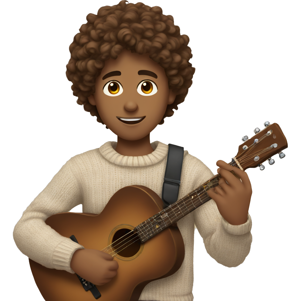A young man with curly brown hair, wearing a cozy sweater and holding a guitar, with a romantic expression."