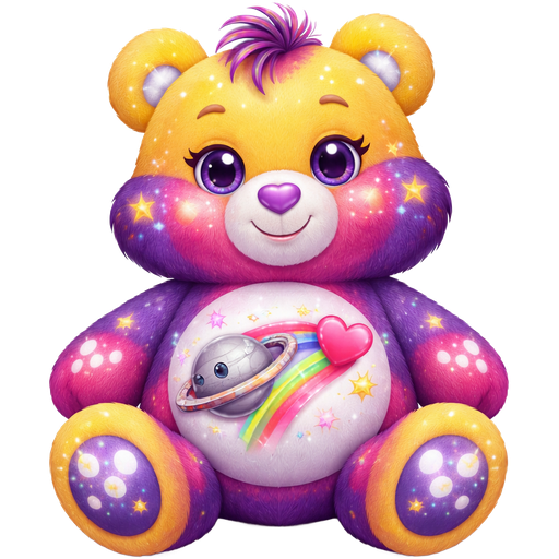 Starlight Love Care Bear Glow in the Dark with Gradient Pink/Dark Purple Striped Mixed Pattern Fur and Amber Yellow Ears, Paws, Feet and The Upper-Half of the Face is also Amber Yellow with Shooting Stars and Lightning Strikes on the The Paws, Upper Face, Ears and Feet with a Smiling Sliver Saturn with the Ring being Half Silver and Pink Next to a Rainbow Shooting Pink Heart with Yellow, Pink, and Blue Stars Surrounding it on the Stomach with White Twinkles in the pupils of the eyes and Purple and Pink striped Tufts of hair and a Purple Heart Nose with Blue inside the ears