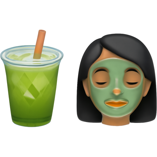 I want an iced Matcha latte emoji. And a girl emoji with a face mask with black hair and medium skintone.