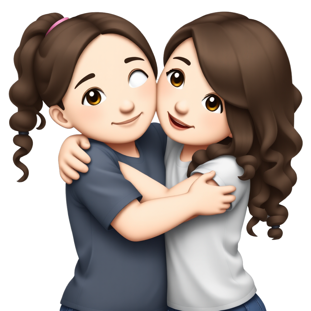 Two girls hugging each other, both medium white skin and dark brown hair and eye but one with soft curly hair and the other with wavy hair