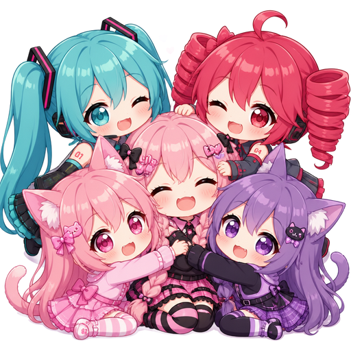 Lily love braids with Miku and teto and a pink cat girl with pink hair and pink eyes and a purple cat girl with purple hair and purple eyes all cute and hugging