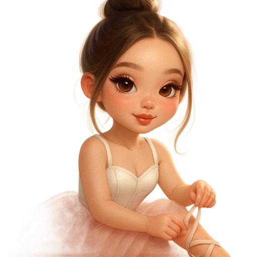 semi-realistic soft cartoon luxury glam, mini plush Bratz-doll aesthetic, cinematic glow, crisp clean detail, glossy glam skin. brown eyed Petite girl, fair skin with soft freckles, wide face with tall forehead, honey-brown almond wide-set upturned eyes, fluttery lashes, shimmer highlight, plush lips, bottom heavy lip, sweet Belle-princess vibe, long straight brunette hair with visible light blonde highlights, softly defined feminine body, soft hourglass shape with full round bust, Blush tulle wrap skirt, white corset top with satin ribbon straps. Hair: soft bun with loose strands. Rosy cheeks, glossy pink lips. tying ballet flats mid-smile. Cozy romantic glow, soft warm lighting, pop-princess energy