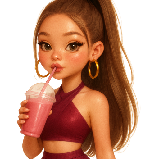 semi-realistic soft cartoon luxury glam, mini plush Bratz-doll aesthetic, cinematic glow, crisp clean detail, glossy glam skin. brown eyed Petite girl, fair skin with soft freckles, wide face with tall forehead, honey-brown almond wide-set upturned eyes, fluttery lashes, shimmer highlight, plush lips, bottom heavy lip, sweet Belle-princess vibe, long straight brunette hair with visible light blonde highlights, softly defined feminine body, soft hourglass shape with full round bust, Mulberry cropped halter and high-waisted micro shorts, berry gloss, dewy blush. Hair in voluminous high ponytail, sipping smoothie, oversized gold hoops swaying. Cozy romantic glow, soft warm lighting, pop-princess energy