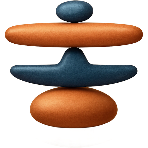 A balanced stack of smooth stones or simple scales in terracotta and dark blue, on a neutral beige circular background. Represents emotional balance and stability.