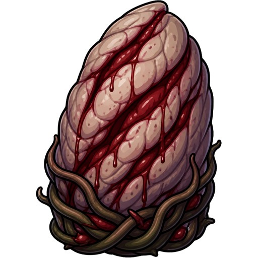 Blooderfly Cocoon. It is an organic, fleshy pod or egg sac wrapped in vine-like structures at the base with distinctive bloody gashes running diagonally along its shell.