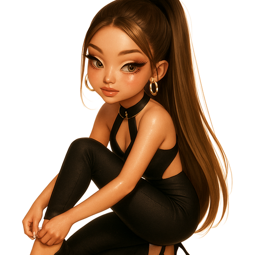 luxury glossy bratz-anime romantic aesthetic, warm cinematic glow, crisp clean detail, glossy glam skin. petite girl, warm soft-autumn tone, fair skin, honey-brown almond eyes, soft freckles, warm toasty glam makeup, glossy nude lips, flutter lashes, sweet Belle-princess vibe, very long straight brunette honey balayage hair with visible light honey blonde highlights, tight black cutout jumpsuit with gold hardware, strappy heels, sleek ponytail, smokey bronze eyeshadow, hoop earrings, bending to zip her shoe with a smirk, pop-princess energy, shimmer highlight, sparkly glow