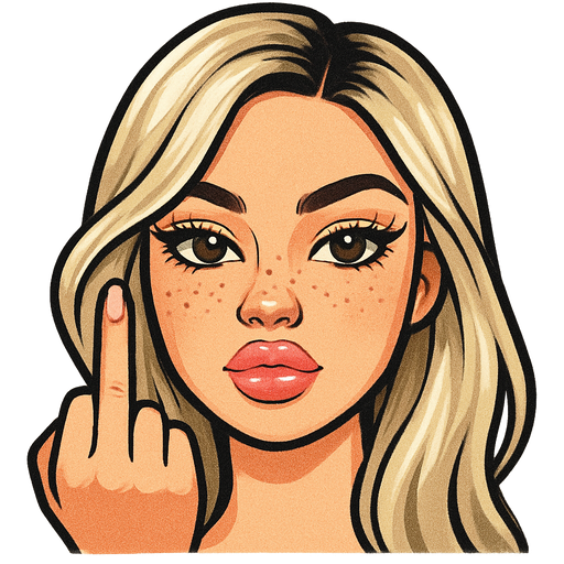 28 year old kind of a baddie with full but not too big lips a slight bumpy nose high cheek bones with freckles hazel eyes very long lashes winged eyeliner sparkly gold eyeliner and sparky light pink lips very fair skin with long slightly wavy ice blonde hair and dark roots parted to the side sticking up her middle finger