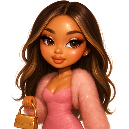 luxury glossy bratz-anime romantic aesthetic, warm cinematic glow, crisp clean detail, glossy glam skin. petite girl, warm soft-autumn tone, medium tan skin, dark brown almond eyes, warm toasty glam makeup, glossy nude lips, flutter lashes, sweet Belle-princess vibe, long brunette balayage hair with visible light honey blonde highlights, pink mini dress with fur shrug, glossy cheeks, warm gloss, holding purse, pop-princess energy, shimmer highlight, sparkly glow