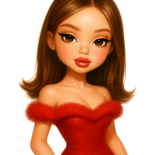 soft airbrushed glam, mini plush Bratz-doll aesthetic, cinematic glow, crisp clean detail, glossy soft skin. brown eyed skinny Petite girl, fair skin with soft freckles, wide face with tall forehead, honey-brown almond wide-set upturned eyes, fluttery lashes, shimmer highlight, plush lips, bottom heavy lip, sweet Belle-princess vibe, medium-long brunette hair with visible caramel highlights. softly defined feminine body, soft hourglass shape with full round bust, dressed in detailed sleek red glam outfit with fur trim. hair with side part, straight with flipped ends, layered at cheekbones. sleek almond nails. peachy-pink blush with shimmer highlight, glossy lips. Cozy romantic glow, soft warm lighting, pop-princess energy