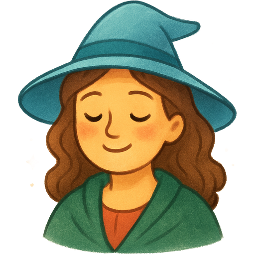 cute magical mom emoji, calm gentle soft smile, warm cozy glow, deep green and sky blue accents, soft red touches, tiny sparkles, gentle magical aesthetic