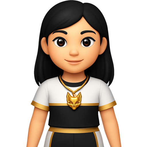Zoey, K-pop Demon Hunters: white and gold top, black and gold t-shirt. Black, white and gold shorts, black hair and Zoey, K-pop Demon Hunters: white and gold t-shirt, black and gold top. Black, white and gold shorts, black hair and magical fox talisman necklace magical fox talisman necklace