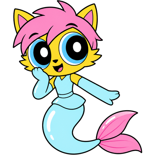 yellow boy cat furry with pink hair and light cyan very long rubber gloves light cyan dress tucked in light cyan mermaid tail with white highlights with pink tail fins (powerpuff girls version)