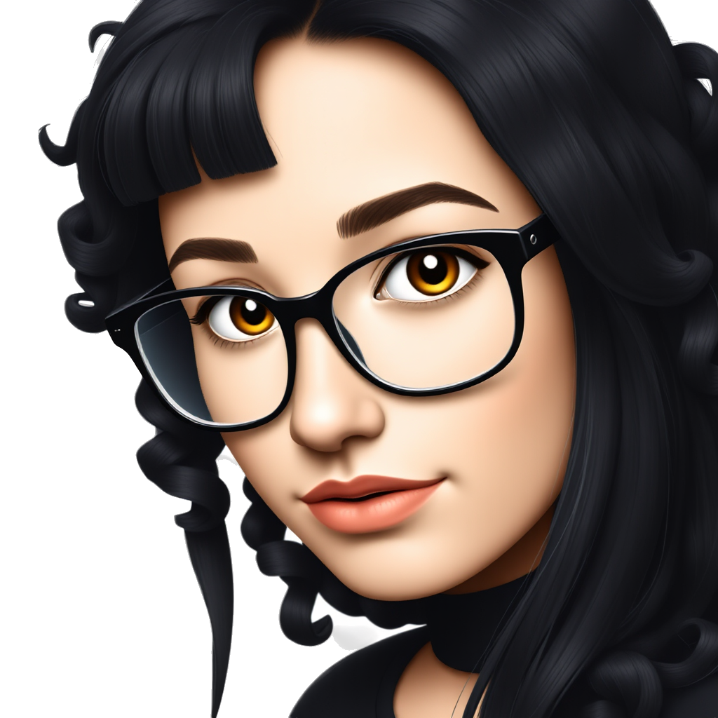 A young woman with long black curly hair and a micro straight bang,brown eyes, black clothes with big glasses and a septum piercing