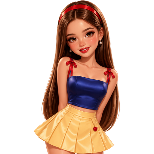 semi-realistic soft cartoon luxury glam, mini plush Bratz-doll aesthetic, cinematic glow, crisp clean detail, glossy glam skin. brown eyed Petite 5ft girl, fair skin with soft freckles, wide face with tall forehead, honey-brown almond wide-set upturned eyes, fluttery lashes, shimmer highlight, plush lips, bottom heavy lip, sweet Belle-princess vibe, long straight brunette hair with visible caramel highlights, wearing a fitted royal-blue satin square-neck top with subtle red bow straps, a glossy yellow mini skirt with soft pleats and a tiny apple charm detail, pearl earrings, hair sleek with a glossy red headband, makeup with soft champagne lids, crisp black liner, rosy blush, and a shiny cherry-red lip, posing with sweet polished energy and a cute bright smile