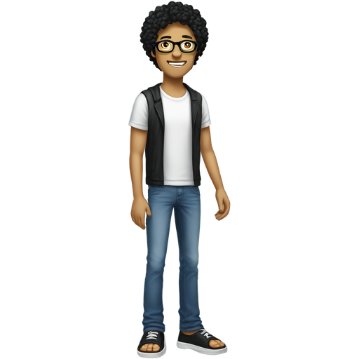 Full body, yellow skinned man with black curly hair, wearing cool black glasses, white t-shirt, blue jeans, long pants, and flip-flops.