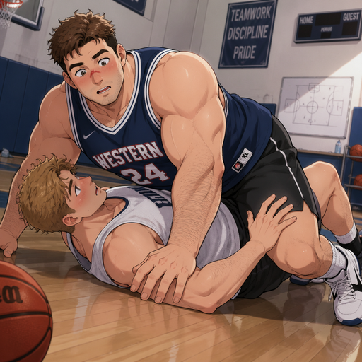 A Full Body view of a Chunky Small but Muscular and more Muscle than Fat ANIME Cute Bara Man Who looks Normal and American with a round facial Structure and Basic facial structure With PUFFY and BIG Pecs that are visible through the shirt and Biceps with a cut on his nose. Wearing a basketball jersey at practice. Falling on top of his crush.
