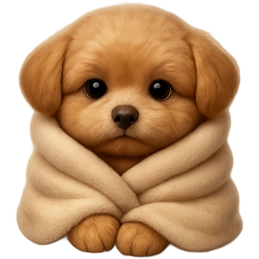 Create a realistic 3D emoji of a Maltipoo puppy wrapped in a soft beige blanket, in the same cozy iOS-style as the “teddy bear wrapped in a blanket” emoji. The Maltipoo should have a dark caramel coat, fluffy rounded ears, large shiny eyes placed close to the nose, a very small black nose, and a sweet baby-face expression. The proportions should feel soft and cute — short muzzle, round cheeks, and big expressive eyes. The blanket should look soft, thick, and cozy, in beige or cream tones, gently wrapped around the puppy’s body, leaving only the adorable face and tiny paws visible. Style: realistic Apple emoji look (smooth 3D shading, natural texture, warm light), not cartoonish or flat. Mood: warm, gentle, comforting, “cozy baby” vibe. Format: 512×512 px PNG, transparent background.