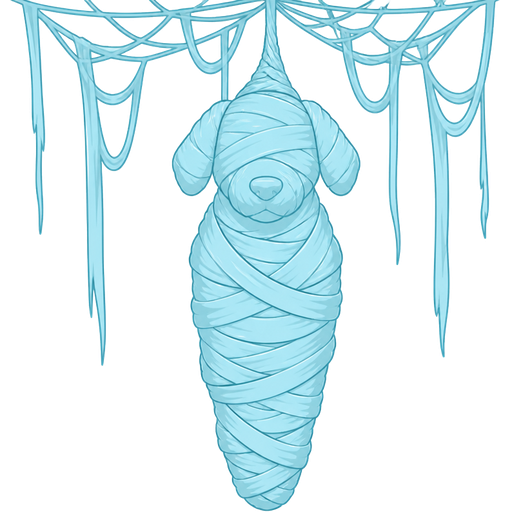 think completely fully light cyan spider web mummified anthro dog shaped cocoon covered with thick layers non-transparent light cyan slik wrappings and light cyan slik wrappings hanging on ceiling