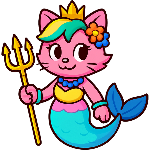 cartoon Male pink anthro cat with pink and green and yellow hair blue flower orange flower golden crown with light purple necklace light cyan braclets cyan and pink and yellow dress with attached to cyan and light blue mermaid tail with dark blue fins holding a golden trident sonic x version