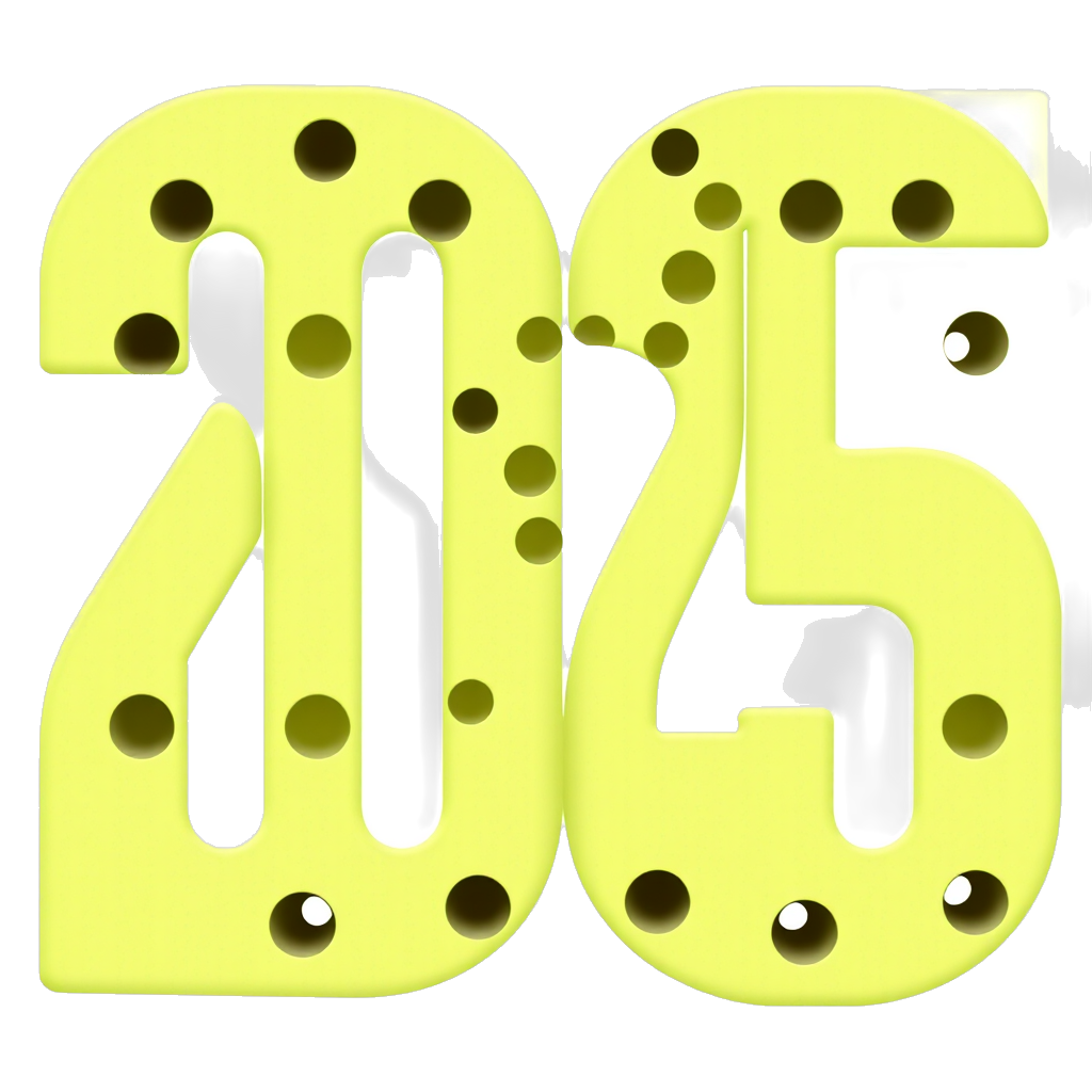 “2025” with the 0 in 2025 being replaced by a lime green pickleball covered with many equally spaced holes. All four numbers of 2025 are clearly visible.