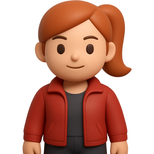 Emoji-style 3D render of Claire Redfield, clean smooth surface, simple rounded proportions, auburn hair in a ponytail, confident gentle expression, red jacket and dark pants with minimal detail, soft neutral shading, matte finish, modern emoji icon aesthetic, not plush, not vinyl, not toy, clean white background