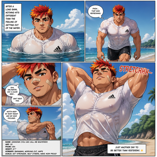 A Full page Anime Comic book story about of a masculine and Bulky ANIME Cute Bara Man American 20 year old with a ROUND and BASIC facial structure and TENAGE BARA CUTE MALE not to detailed With bigger than average Pecs that are visible through the shirt and Biceps and a big Bandaid on his nose and Left Cheek and Right Eye brow. Wearing a no piercings Baggy White Adidas Athletic shirt and Short and Red Hair and Bright Orange Hair Tips and Strait with brown eyes and black eyebrows, with Hot and Sexy and Dreamy Face. And the get out of the water and stretches